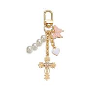 Porte-clés croix chrétienne dorée avec perles, cœur et papillon, porte-clé sac à main et voiture, bag charm élégant pour femme, breloque décorative cadeau communion, anniversaire ou fête religieuse