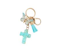 Porte-clés croix et papillon en résine chrétienne polyvalente avec pompons, breloque pour à, ornement pour
