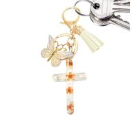 Porte-clés crucifix à pompons - Élégant pendentif catholique | Porte-clés ornement crucifix à paillettes | Pendentif à paillettes | Pendentif papillon à pompons | Porte-clés à paillettes pour ,