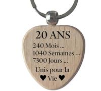 Porte-Clés Cœur en Bois Gravé et Personnalisé - Cadeau Anniversaire 20 Ans de Mariage, Cadeau Noces de Porcelaine Anniversaire de Couple (20 ans)