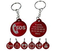 Porte-clés d’urgence personnalisé - Médaillon d’alerte secours gravé (SOS/Urgence médicale/Diabète/Alerte/Contact/Cœur santé) - Jusqu’à 6 lignes de gravure (A)