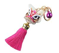 Porte-clés danse de lion brillant cristal strass porte-clés style chinois charme pompon voiture porte-clés bling pendentif de sac pour clés, portefeuille, sac à dos, sac à main, pendentif, Rose