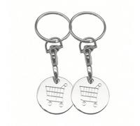 Porte-clés de chariot d"achat rond en acier inoxydable avec logo créatif pour femme 2pcs, chariot d"achat à pousser à la main de supermarché Euro-américain, jeton de métal de pièce de monnaie, sac cad
