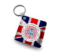 Porte-clés de couronnement du roi Charles III (5 x 5 cm) - Drapeau du Royaume-Uni et emblème officiel - Célébration royale - Souvenir du 6 mai 2023 - Imprimé au Royaume-Uni