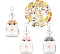 Porte-clés de Hamster en Peluche avec 50 Autocollants, 3 Mini Animaux pour Sacs Clés, Peluche Souple et Durable Idéal Cadeau, Idéal pour Les Collectionneurs de Peluches Mignons (Rose Gris Brun)