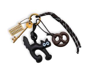 Porte-clés décoratif avec breloque chat noir, pendentif bretzel et cordon tressé, beige, marron, M