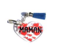 Porte-clés Décoratif Cœur avec Pompon bleu, Message 'Maman', Acrylique Transparent et Métal Argenté, 5 cm
