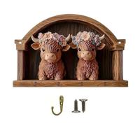Porte-clés - Décoration de cintre de ferme en bois - Porte-clés avec 4 crochets - Design rustique de vache des Highlands - Organisateur mural | Couloir, entrée, salon, porte, salle de bain, bar