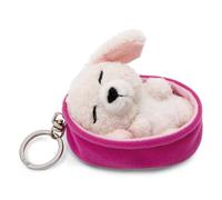 Porte-clés dormant Animaux chien caniche blanc 8 cm panier mauve - Pendentif animal câlin avec anneau métallique pour accrocher aux clés, à la corde, au sac et plus encore