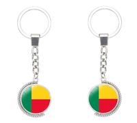 Porte-Clés Drapeau Du Bénin Porte-Clés Pendentif Lune Creuse Du Bénin - 2Pcs Porte-Clés Souvenir Du Patriote Du Bénin, Porte-Clés En Verre Rond Rotatif Double Face Porte-Clés De Voiture, Blan