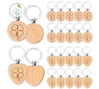 Porte Clés en Bois, 24 Pièces Porte Clé Personnalisé en Bois, Tag Clé en Bois Trèfle, Bricolage Porte-Clés en Form de Rond et Coeur, Porte Clés Bois Vierge pour Bricolage, Dessin, Décoration, DIY