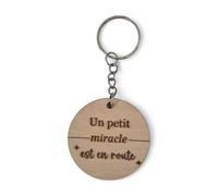 Porte-clés en Bois Artisanal Annonce de Grossesse, 'Un petit miracle est en route', 4,5 cm, Fait Main, Fabrication Française