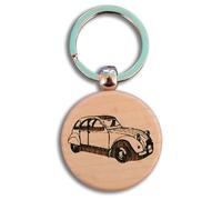 Porte-clés en bois exotique rond personnalisé recto/verso avec Votre texte et le Dessin de votre choix (ici voiture 2 chevaux)
