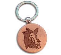 Porte-clés en bois exotique rond personnalisé recto/verso avec Votre texte et le Dessin de votre choix (ici Sanglier)