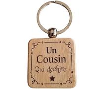 Porte-Clés en Bois Gravé Personnalisé - Idée Cadeau Cousin Unique- Porte Clef Cousin Personnalisé Idéal pour Cadeau de Noël, Anniversaire