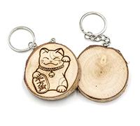 Porte-clés en bois naturel avec maneki neko porte-bonheur japonais