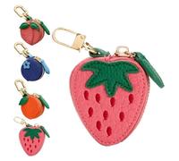Porte-clés en cuir avec motif fraise - Petite pochette portefeuille à fermeture éclair, joli motif de fruits esthétiques pour enfants, adolescents et femmes, mini pochette à monnaie pour sac à main ou