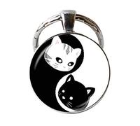 Porte-clés en forme de chat Yin Yang, motif chat noir et blanc, 8 diagrammes magiques, bijoux de Tai Chi, bijoux photo vintage faits à la main en verre