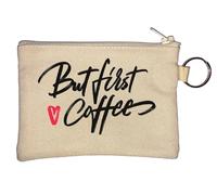 Porte-clés en forme de cœur beige avec inscription « But First Coffee »