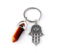 Porte-clés en Forme de Pilier Hexagonal en Cristal avec Main de Fatima et Mauvais œil - Pendentif en Forme de Paume - Œil de Tigre