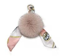 Porte-clés en fourrure de renard de 8,9 cm pour femme, nœud en ruban de soie, accessoire avec porte-clés doré pour sac à dos, sac à main, Rose/gris