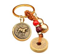 Porte-clés en laiton | Porte-bonheur vintage en cuivre, pendentif Feng Shui, porte-clés de voiture, multifonction pour homme et femme, Tour de cheval du zodiaque dieu gardien + cinq empereurs Mon