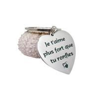Porte-clés en Métal avec Message d'Amour en Français, Forme de Cœur, Gravure 'Je t'aime plus fort que tu ronfles'. Livret dans un élégant sachet en organza blanc.