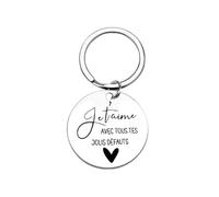 Porte-clés en Métal avec Message 'Je t'aime avec tous tes jolis défauts', Pendentif Rond, Argenté. Cadeau amoureux, Cadeau original Saint valentin. Livré dans un sachet en organza blanc