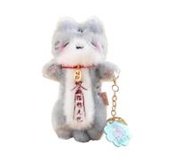 Porte-clés en peluche moelleux représentant un chat porte-bonheur, avec une médaille de bénédiction, doux et duveteux, pour décorer le sac à dos; idéal comme cadeau pour les amateurs de chats