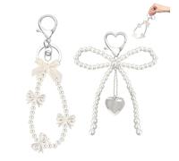 Porte-clés femme 2 pièces élégants avec perles et nœud papillon, porte-clés sac à main décoratif, accessoires voiture mode blanc et or pour cadeau ou usage quotidien