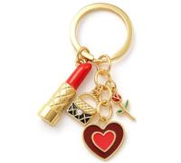 Porte-Clés Femme - Porte-Clé Maquillage Rouge Élégant, Sac à Main Rouge à Lèvres Rose Cœur Émail Motif Diamant Porte-Cléf Breloque de Sac pour Femme, Cadeau Mode avec Détails en Strass.