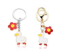 Porte-Clés Fleur Rouge et Canard Jaune - 2 Pièces en Acier Inoxydable, Design Mignon et Amusant de Dessin Animé