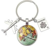 Porte-clés | Globe | Avion | Passeport | Voyageur du monde | Pilote | Cadeau | Clé, silverl