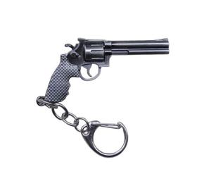 Porte-clés imitation pistolet a barillet en acier gris.