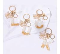 Porte-clés Initial Mignon Blanc Keychen, Breloque Porte-clés en Résine Dorée à Feuille d'Or avec Alphabet Majuscule et Pompon Papillon, Porte-clés Mode pour Femme, Cadeau pour Sacs à Main, Décoration 