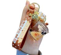 Porte-clés Kawaii, ours liquide flottant intéressant créatif porte-clés lait thé brun ours porte-bonheur bouteille porte-clés, Taille Unique