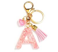 Porte-Clés Lettre A - Porte-Clef Initiale de l’Alphabet de Sac pour Femmes avec Cœur Iridescent et Pompon, Cadeaux de Porte-Clé Mignon pour les Amoureux des Fleurs, Amis, Filles