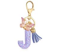 Porte-Clés Lettre J - Porte Initial et Charme de Sac pour Femmes avec Pendentifs Papillon et Touffe, Cadeaux de Porte-Clé Papillon pour Amies Filles