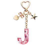 Porte-CléS Lettre Rose Porte-Clés Lettre Initiale Avec Lettres Pour Filles Femmes Keyring Avec Pendentif Amour Et Pampille Cadeau Pour Femme BaptêMe Communion Anniversaire Noël (J)