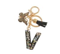 Porte-clés lettres personnalisées, papillon noir avec pompon, initiales porte-clés comme petits cadeaux pour les femmes (V)
