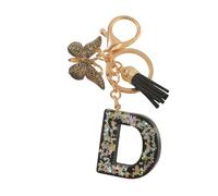 Porte-clés lettres personnalisées, papillon noir avec pompon, initiales porte-clés comme petits cadeaux pour les femmes (D)