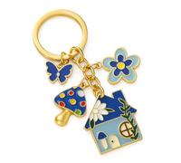 Porte-Clés Maison Fleurie - Porte Maison et Charme de Sac pour Femmes avec Métal Doré & Émail, Cadeaux Mignons pour Filles & Romantiques - Bleu