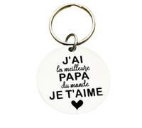 Porte-clés Message Papa, 'J'ai le Meilleur Papa du Monde Je T'aime', Médaillon Blanc avec Cœur. Livré dans un élégant sachet en organza blanc.