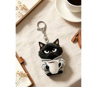 Porte-clés motif chat noir plat 2D tenant une tasse d'eau, porte-clés chat de compagnie mignon, anneau de clé élégant et à la mode, décoration de portefeuille et de sac à main, porte-clés de fête de c