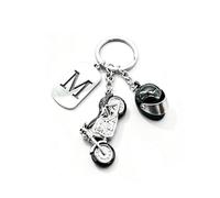 Porte-clés moto avec initiale - Cadeau pour motards - Porte-clés en métal pour homme (usage quotidien et équipement moto) - Plaquette avec initiale et breloques moto et casque