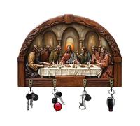 Porte-clés multifonction en bois 2D avec thème de communion de Jésus, décoration murale religieuse chrétienne, organiseur multifonction avec crochets (marron-B)