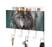 Porte-clés mural 3D en cuir synthétique avec 5 crochets, attrape-rêves en forme de loup, autocollant pour clés, pour entrée, cuisine, salle de bain