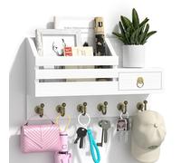 Porte-Clés Mural en Bois avec étagère Plaque à clés Rangement pour t Lettres avec 6 Crochets à Clé pour entrée, salon, couloir, bureau Blanc Boîte à Clé Porte Courrier Organisateur Mural