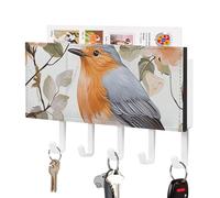 Porte-clés mural en cuir synthétique avec 5 crochets, imprimé floral, aquarelle, rouge-gorge, oiseau