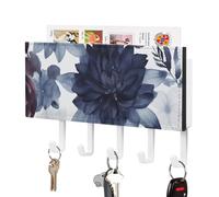 Porte-clés mural en cuir synthétique avec 5 crochets, motif aquarelle bleu foncé